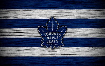 Toronto Maple Leafs, 4k, NHL, h&#243;quei clube, Confer&#234;ncia Leste, EUA, logo, textura de madeira, h&#243;quei, Divis&#227;o Atl&#226;ntico