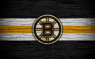 Boston Bruins, 4k, h&#243;quei clube, NHL, Confer&#234;ncia Leste, EUA, logo, textura de madeira, h&#243;quei, Divis&#227;o Atl&#226;ntico