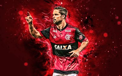 4k, Diego Ribas, clos-up, Flamengo FC, l&#39;obiettivo, i calciatori brasiliani, Diego, il calcio, il Brasiliano di Serie A, luci al neon, Brasile