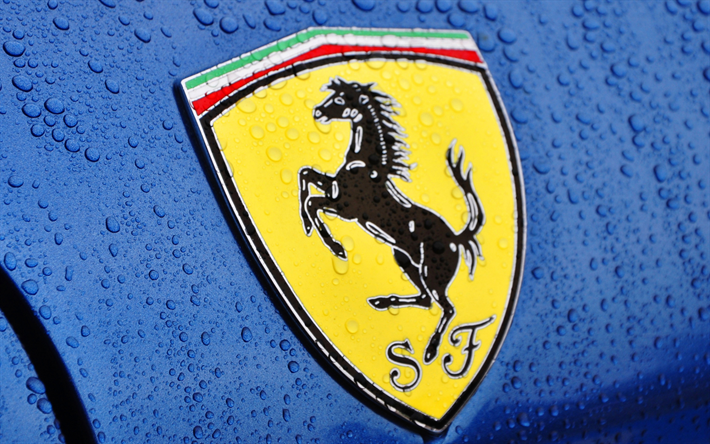 Ferrari emblem, water drops, ferrari logo on blue background, blue ferrari