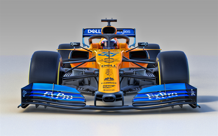 McLaren MCL34, 4k, front view, 2019 F1 cars, Formula 1, McLaren F1 Team, F1 2019, new MCL34, F1, Ferrari 2019, raceway, F1 cars, McLaren, Renault E-Tech 19