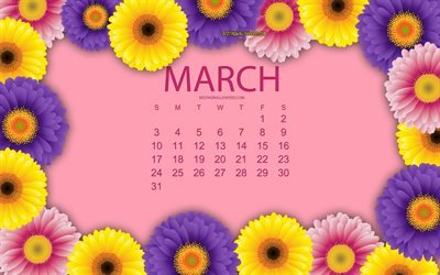 Calendar for March 2019, pink background, creative art, March 2019 calendar, spring, calendar with flowers, chrysanthemums, colorful flowers, 2019 calendars