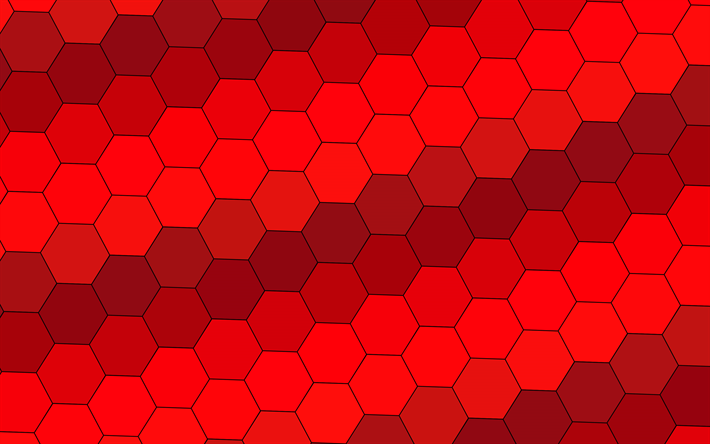 esagoni rossi sfondo, 4k, il design dei materiali, griglia, forme geometriche, sfondo rosso, motivo a griglia, esagoni texture