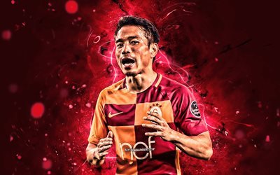 Yuto Nagatomo, japanska fotbollsspelare, Galatasaray SK, close-up, fotboll, Nagatomo, Turkiska Super Lig!, Turkiet, neon lights, Galatasaray FC