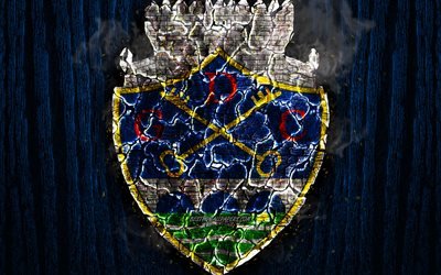 GD Chaves, kavrulmuş logo, Ilk Lig, mavi ahşap arka plan, Portekiz Futbol Kul&#252;b&#252;, Chaves FC, grunge, futbol, logo, yangın, doku, Portekiz Chaves