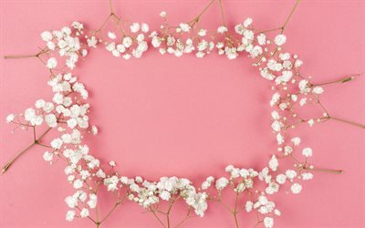 花フレーム, ピンクの背景, 白色の春の花, springフレーム