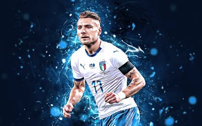 Ciro Immobile, white uniform, Italy National Team, soccer, footballers, Immobile, neon lights, close-up, Italian football team
