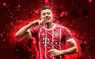 4k, Robert Lewandowski, close-up, Bayern Munich FC, personal celebration, goal, polish footballers, Germany, soccer, Lewandowski, Bundesliga, neon lights