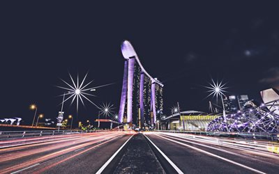 マリーナベイサンズ, 4k, 高速道路, nightscapes, 近代建築, シンガポール, マリーナ湾の夜