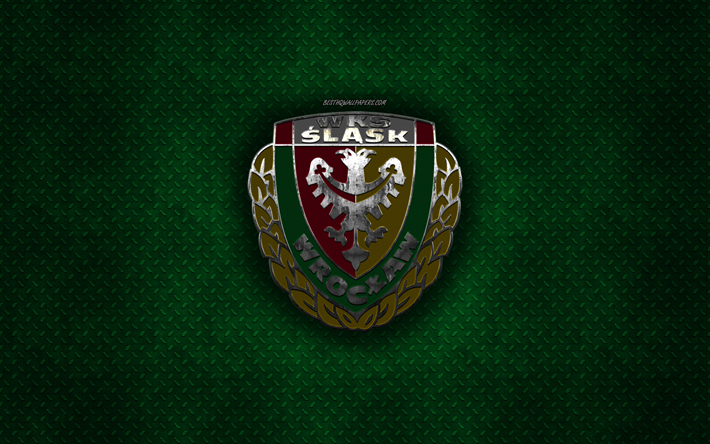 WKS Slask Wroclaw, Polish football club, green metal texture, metal logo, emblem, Wroclaw, Poland, Ekstraklasa, creative art, football