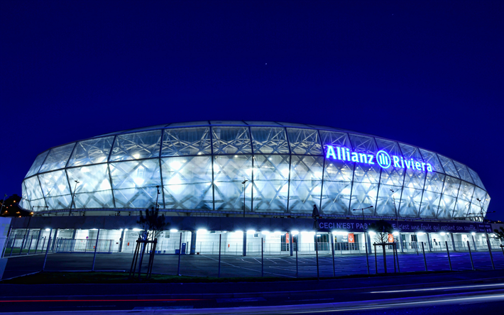 Allianz Riviera, aerial view, 4k, night, french stadiums, OGC Nice Stadium, Nice, France, Nice FC, Nice Arena