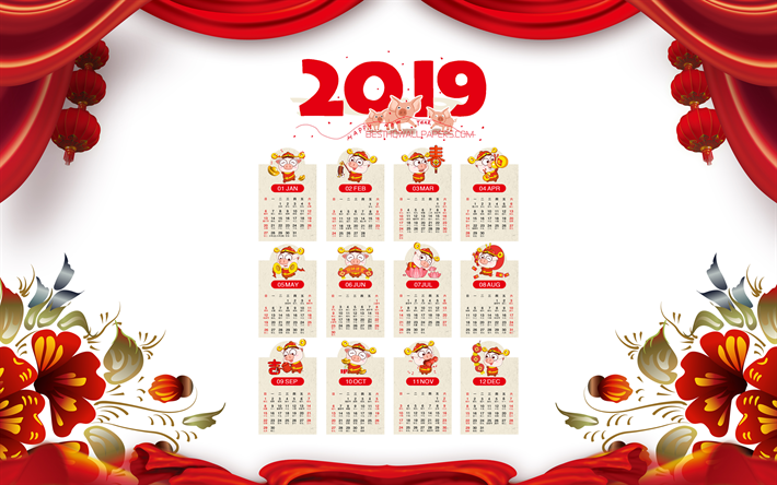 Chinese Calendar 2019, 4k, creative, 2019 Yearly Calendar, abstract art, Year 2019 Chinese Calendar, artwork, 2019 Chinese calendars, art, 2019 Chinese calendar