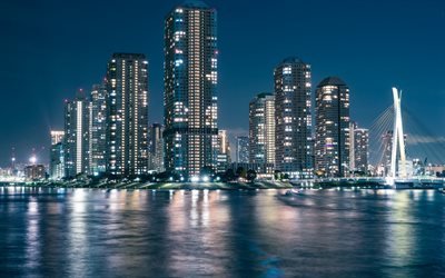Tokyo, natt, stadsbilden, stadens ljus, Japan, moderna byggnader