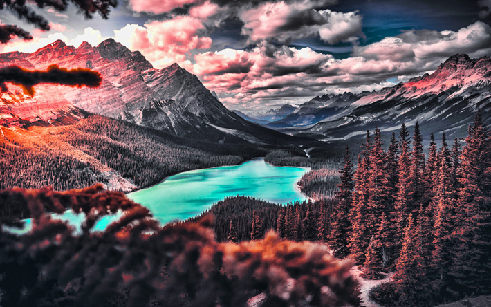 Peyto Lake, HDR, outono, O Parque Nacional De Banff, floresta, Canadian Rockies, montanhas, Am&#233;rica Do Norte, Canada