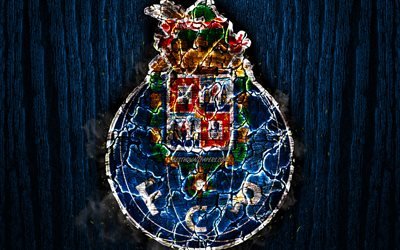 FC Porto, scorched logo, Primeira Liga, blue wooden background, portuguese football club, Porto FC, grunge, football, soccer, Porto logo, fire texture, Portugal
