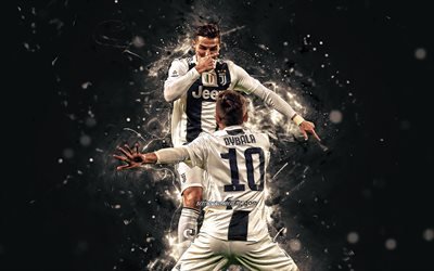 Cristiano Ronaldo, Paulo Dybala, 4k, personal celebration, Juventus FC, football stars, Juve, Italy, Ronaldo and Dybala, neon lights, Serie A, Ronaldo, CR7, footballers, CR7 Juve, soccer, Bianconeri