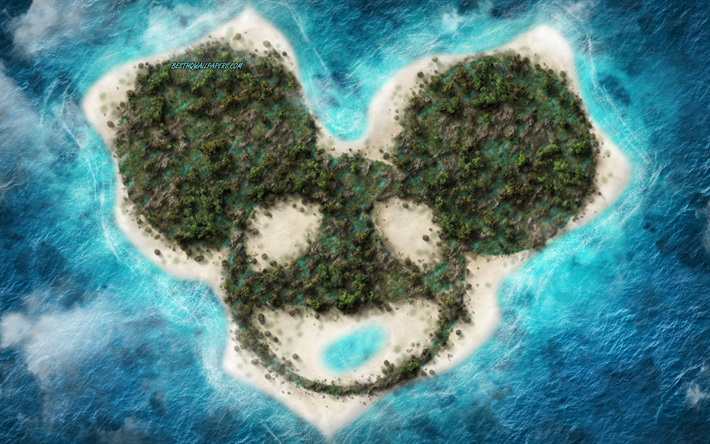 Deadmau5, luova logo, tunnus, trooppinen saari, ocean, kanadalainen DJ, EDM, Joel Thomas Zimmerman