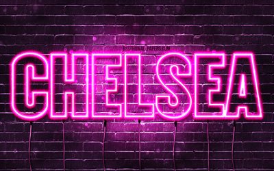 Chelsea, 4k, isimleri, Bayan isimleri, Chelsea adı, mor neon ışıkları Chelsea adı ile, yatay metin, resim ile duvar kağıtları