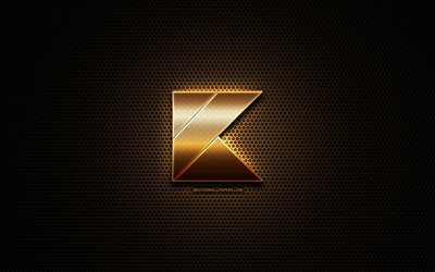 Kotlin glitter logo, programming language, grid metal background, Kotlin, creative, programming language signs, Kotlin logo