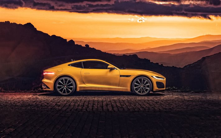 Jaguar F-Type R Coupe, 2020, 4K, sivukuva, ulkoa, keltainen urheilu coupe, uusi keltainen F-Type R Coupe, Brittil&#228;inen luksusautojen, urheilu autot, Jaguar