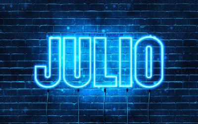Julio, 4k, les papiers peints avec les noms, le texte horizontal, Julio nom, bleu n&#233;on, une photo avec le nom de Julio