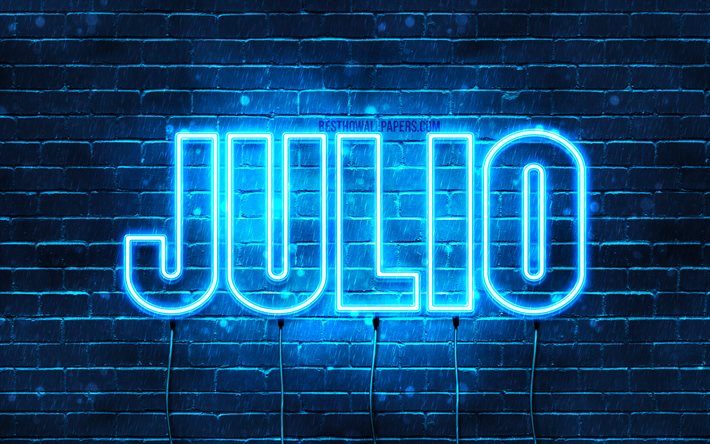 Julio, 4k, wallpapers with names, horizontal text, Julio name, blue neon lights, picture with Julio name