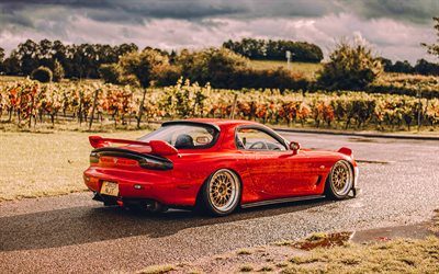Mazda RX-7, 4k, side view, supercars, tuning, low rider, tunned Mazda RX-7, japanese cars, Red Mazda RX-7, Mazda