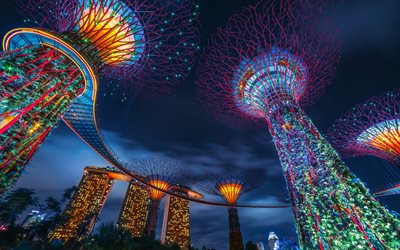 By the Bay Singapur, Supertree Grove, Marina Bay Sands, akşam, G&#252;n batımı, yaratıcı ağa&#231;ları, Bah&#231;eleri, Marina Gardens
