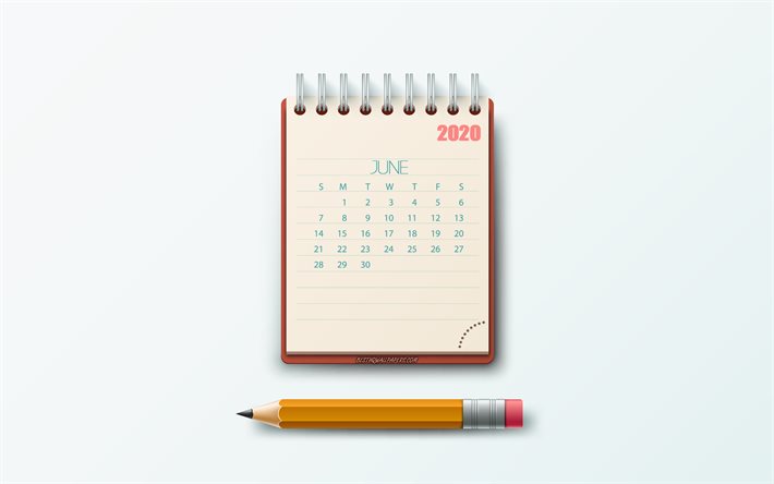De junio de 2020 Calendario, bloc de notas, fondo gris, 2020 verano calendarios, junio, arte creativo, 2020 de junio de calendario, calendarios 2020