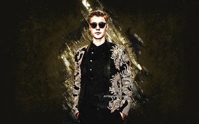Justin Bieber, luova kivi tausta, kanadalainen laulaja, muotokuva, Justin Drew Bieber, golden stone tausta