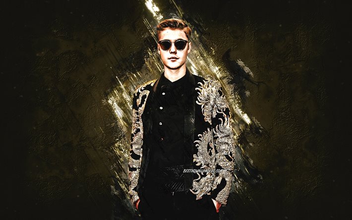 Justin Bieber, creative stone background, canadian singer, portrait, Justin Drew Bieber, golden stone background