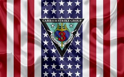 carrier strike gruppe 3-emblem, csg-3, amerikanische flagge, uss john c stennis, cvn-74, us-navy, seide textur, united states navy, seide-flag, carrier strike gruppe 3, usa