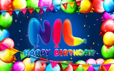 お誕生日おめでNil, 4k, カラフルバルーンフレーム, Nil名, 青色の背景, Nil誕生日, 人気のスペイン語は男性名, 誕生日プ, Nil