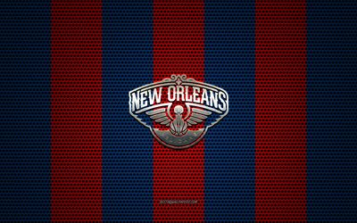New Orleans Pelicans logo, American basketball club, metal emblem, red blue metal mesh background, New Orleans Pelicans, NBA, New Orleans, Louisiana, USA, basketball