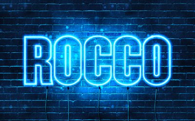 Rocco, 4k, sfondi per il desktop con i nomi, il testo orizzontale, Rocco nome, neon blu, immagine con nome Rocco