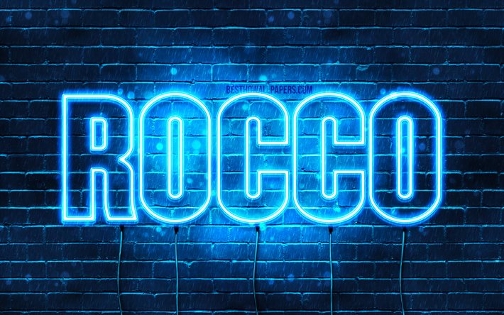 Rocco, 4k, fondos de pantalla con los nombres, el texto horizontal, Rocco nombre, luces azules de ne&#243;n, de la imagen con el nombre de Rocco