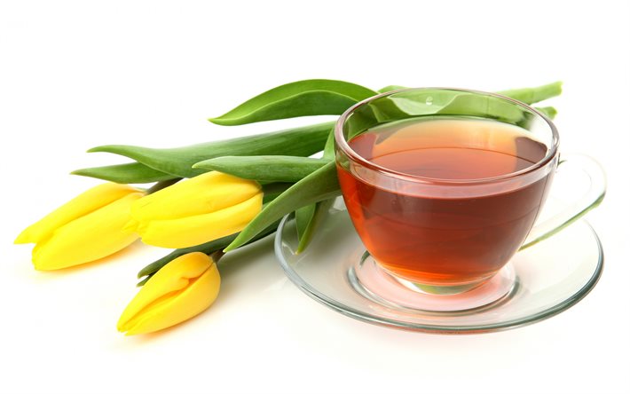 cup of tea, yellow tulips, spring flowers, flower tea, tulips on a white background, tea on a white background, yellow flowers
