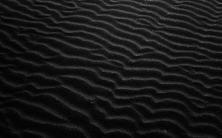 4k, 黒砂質感, 波砂質感, 砂浜の背景, 砂質感, 砂をパターン, 砂, 黒い背景