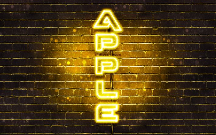 4K, A Apple amarelo logotipo, texto vertical, amarelo brickwall, A Apple neon logotipo, criativo, Log&#243;tipo da Apple, obras de arte, Apple