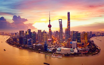 Shanghai, puesta de sol, R&#237;o Huangpu, las ciudades chinas, rascacielos, China, Asia, en la noche