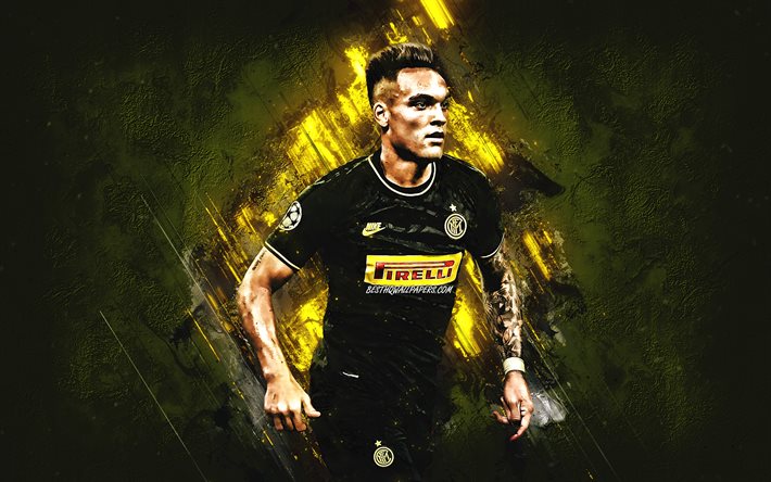 Lautaro Martinez, Argentinean soccer player, Inter Milan, portrait, FC Internazionale, Serie A, Italy, yellow stone background, football