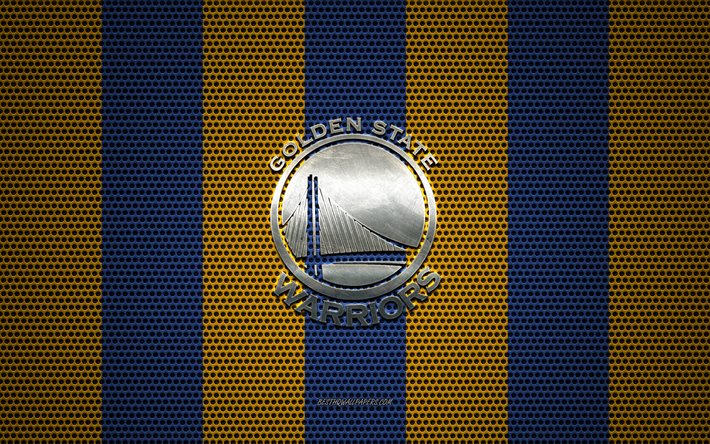 Golden State Warriors logotipo, American club de baloncesto, emblema de metal, de color amarillo-azul de metal de malla de fondo, Golden State Warriors, de la NBA, San Francisco, California, estados UNIDOS, baloncesto
