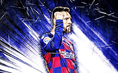 4K, Lionel Messi, grunge art, Barcelona FC, argentinian footballers, close-up, FCB, football stars, La Liga, Messi, 2019, Leo Messi, Lionel Messi 4K, LaLiga, Spain, blue abstract rays, Barca, soccer