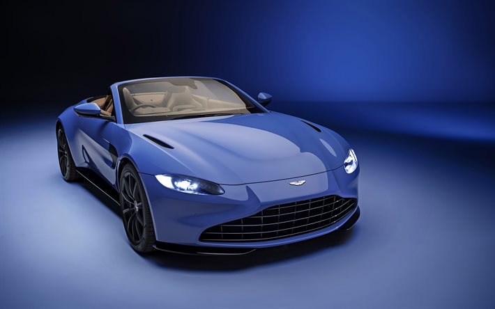 2021, Aston Martin Vantage Roadster, 4K, ulkoa, n&#228;kym&#228; edest&#228;, sininen luxury coupe, sininen avoauto, uusi blue Vantage Roadster, British autot, Aston Martin