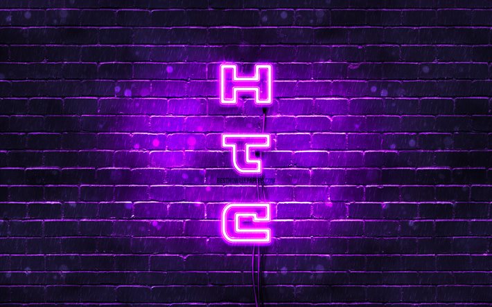 4K, HTC紫ロゴ, テキストの垂直, 紫brickwall, HTCネオンのロゴ, 創造, HTCロゴ, 作品, HTC