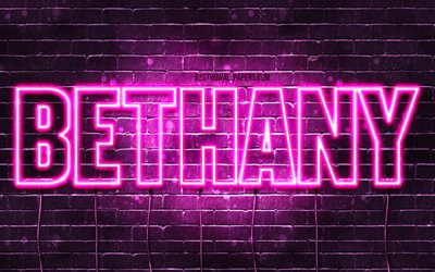 Bethany, 4k, wallpapers with names, female names, Bethany name, purple neon lights, horizontal text, picture with Bethany name