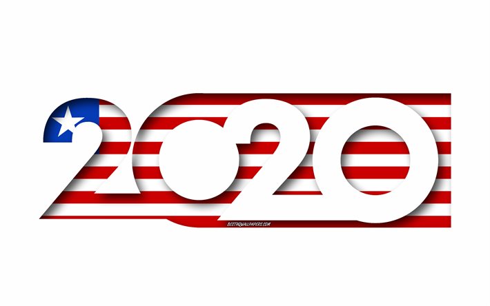 Liberia 2020, Flaggan i Liberia, vit bakgrund, Liberia, 3d-konst, 2020 begrepp, Liberia flagg, 2020 Nytt &#197;r, 2020 Liberia flagg