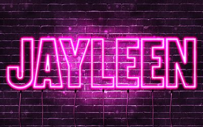 Jayleen, 4k, wallpapers with names, female names, Jayleen name, purple neon lights, horizontal text, picture with Jayleen name