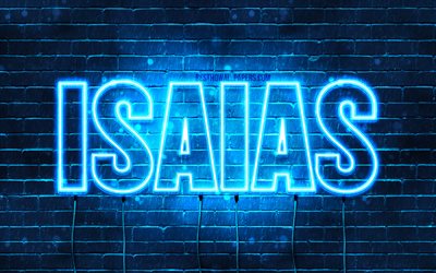 Isaias, 4k, sfondi per il desktop con i nomi, il testo orizzontale, Isaias nome, neon blu, immagine con nome Isaia