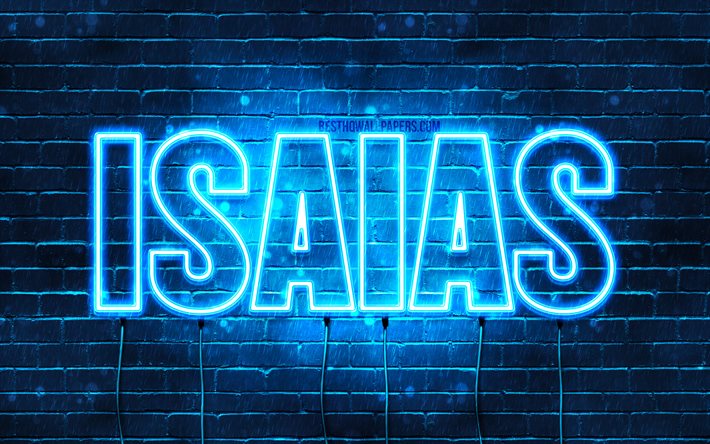 Isaias, 4k, pap&#233;is de parede com os nomes de, texto horizontal, Isaias nome, luzes de neon azuis, imagem com Isaias nome
